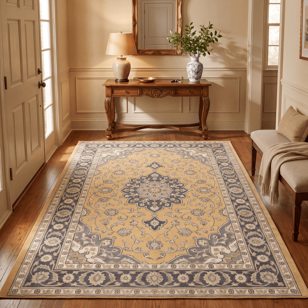 Plainfield Traditional Medallion Bordered Mustard Charcoal Ivory Washable Indoor Outdoor Entryway Rug - RugzellaDigital Print RugRugzellaRugzellaBBB466-RECT-24x47-60x120cmRGZLLA143601Rectangle2' x 3'11" (60x120 cm)RECTANGLE | Plainfield rectangle entryway