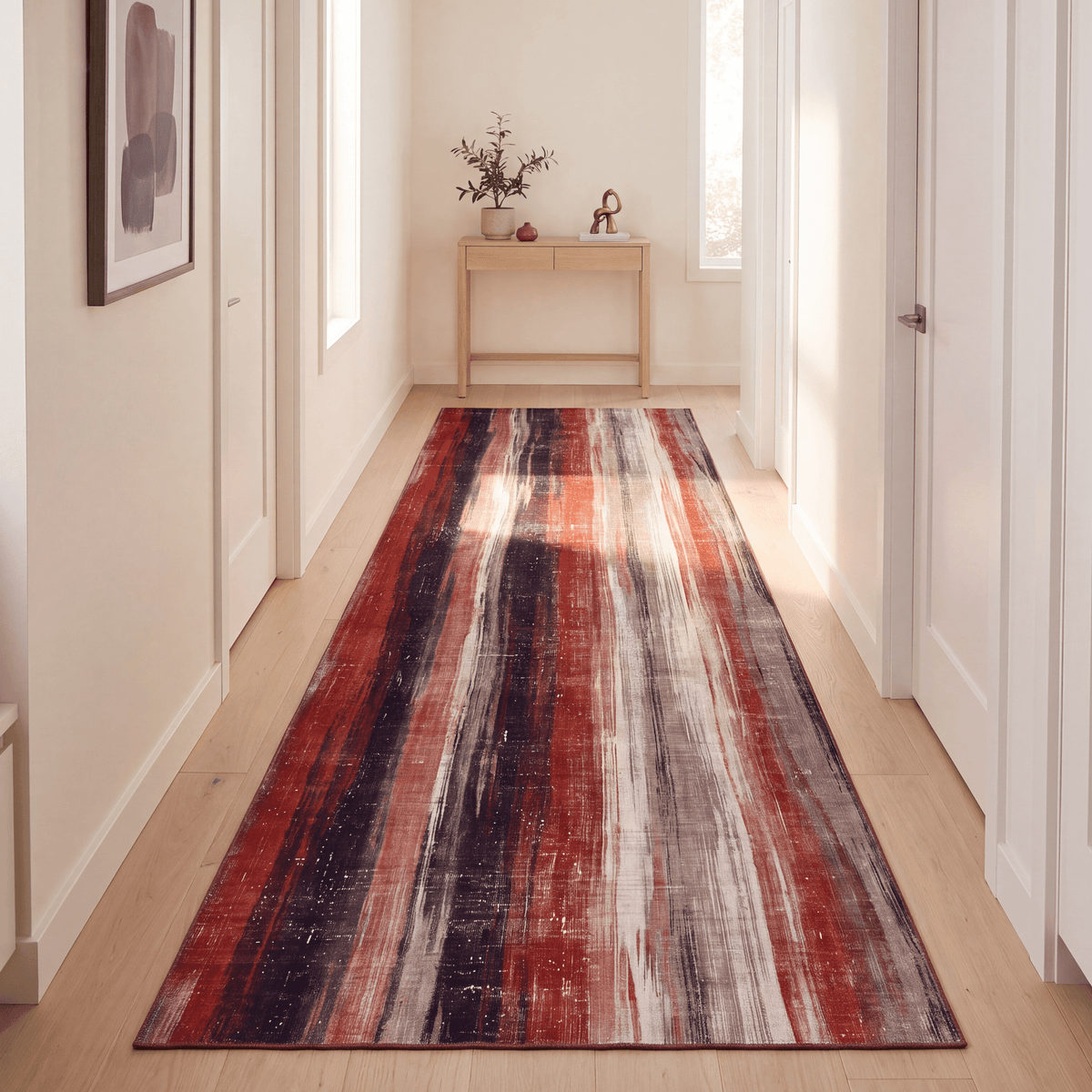 Plateau2 Modern Abstract Watercolor Distressed Ember Rust Ivory Washable Indoor Outdoor Rug - RugzellaDigital Print RugRugzellaRugzellaBBB437-RECT-24x47-60x120cmRGZLLA99381Rectangle2' x 3'11" (60x120 cm)RUNNER | Plateau2 runner hallway