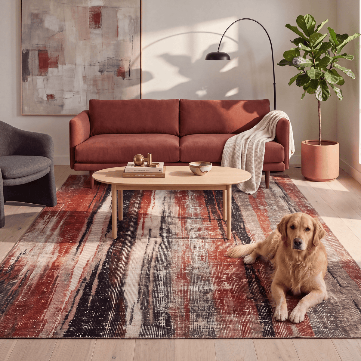 A dog resting on the rug in a living room.