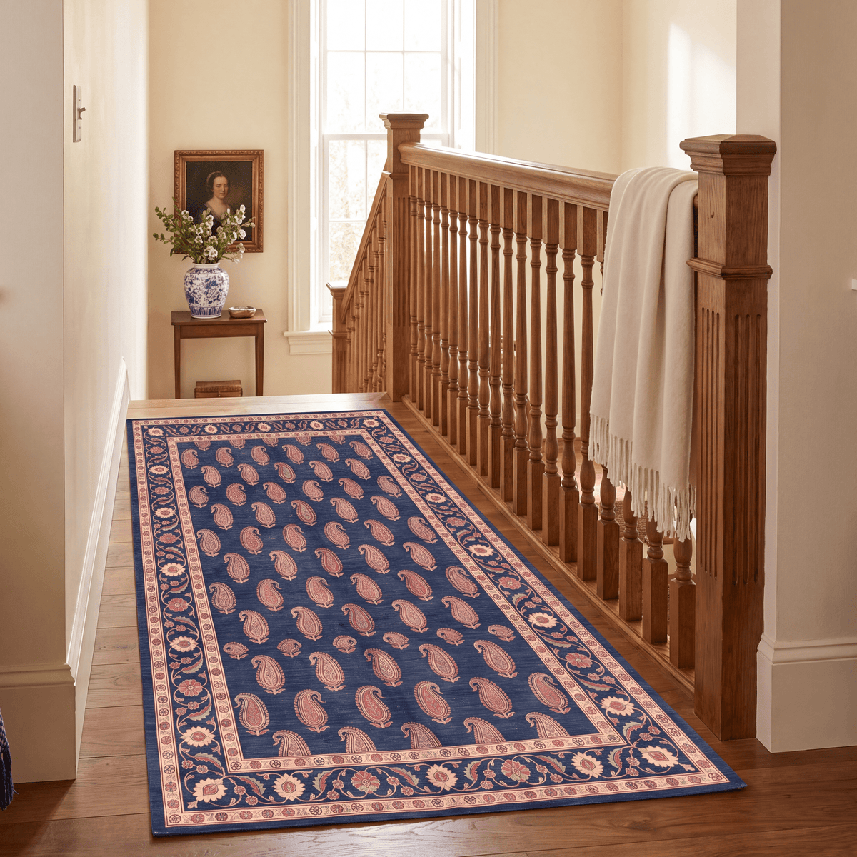 Quarry2 Traditional Floral Border Indigo Ivory Red Washable Indoor Outdoor Rug - RugzellaDigital Print RugRugzellaRugzellaBBB438-RECT-24x47-60x120cmRGZLLA99716Rectangle2' x 3'11" (60x120 cm)RUNNER | Quarry2 runner staircase