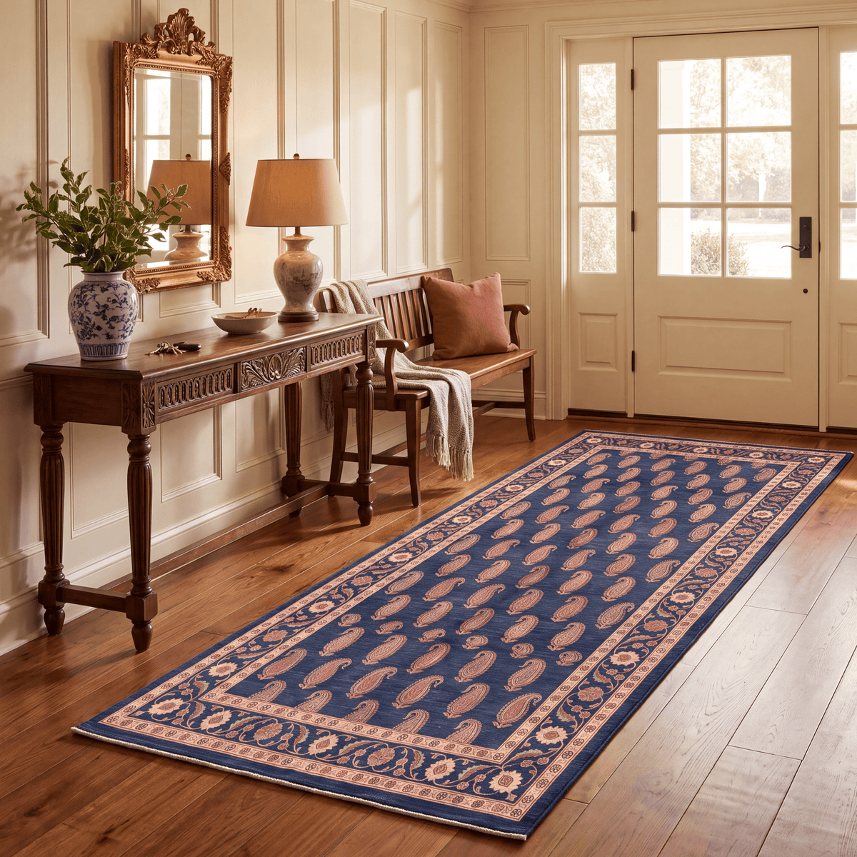 Quarry2 Traditional Floral Border Indigo Ivory Red Washable Indoor Outdoor Rug - RugzellaDigital Print RugRugzellaRugzellaBBB438-RECT-24x47-60x120cmRGZLLA99716Rectangle2' x 3'11" (60x120 cm)RUNNER | Quarry2 runner entryway