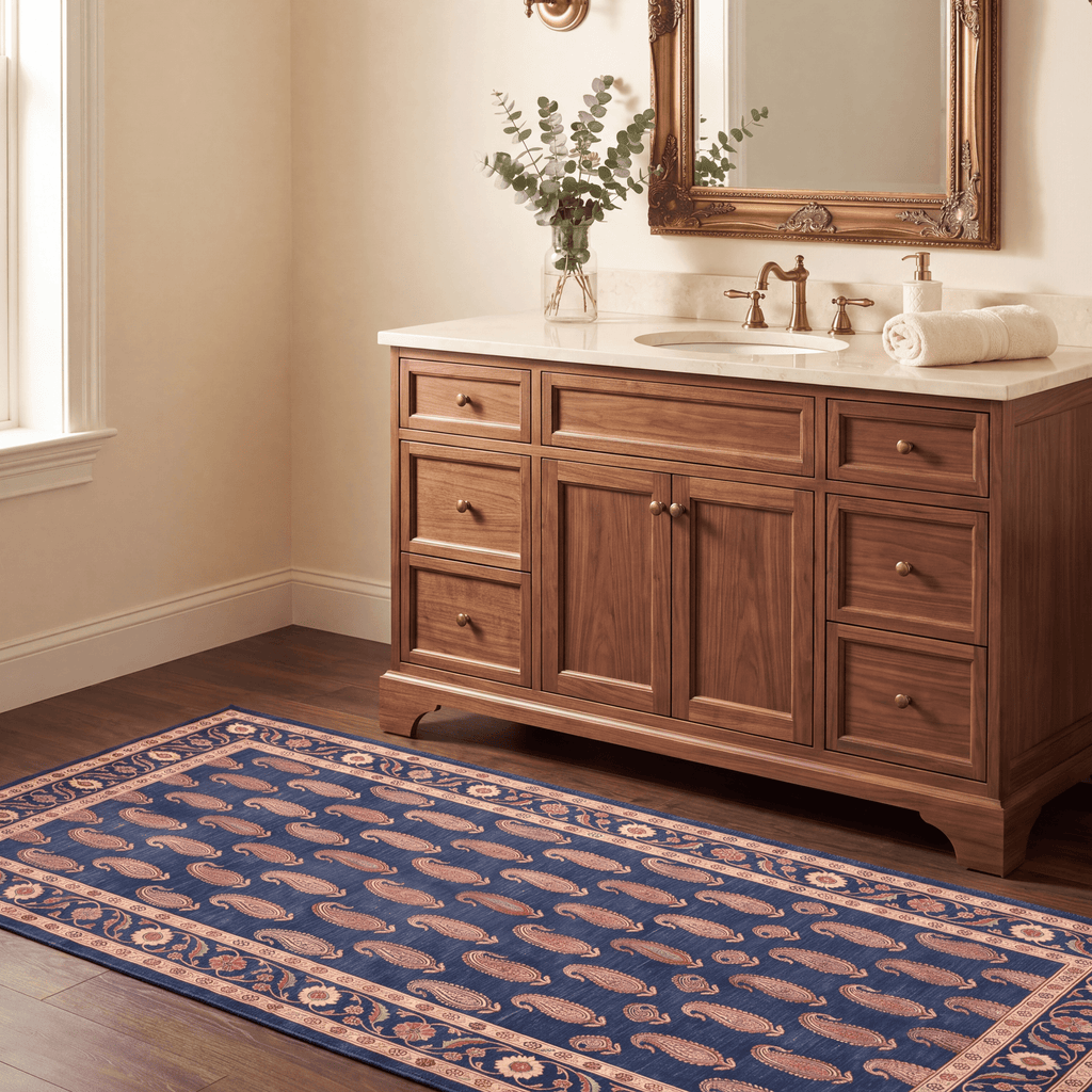 Quarry2 Traditional Floral Border Indigo Ivory Red Washable Indoor Outdoor Rug - RugzellaDigital Print RugRugzellaRugzellaBBB438-RECT-24x47-60x120cmRGZLLA99716Rectangle2' x 3'11" (60x120 cm)RUNNER | Quarry2 runner bathroom