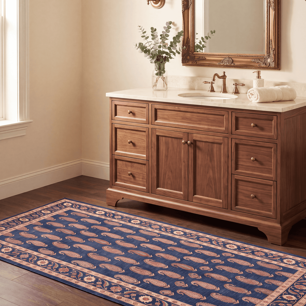 Quarry2 Traditional Floral Border Indigo Ivory Red Washable Indoor Outdoor Rug - RugzellaDigital Print RugRugzellaRugzellaBBB438-RECT-24x47-60x120cmRGZLLA99716Rectangle2' x 3'11" (60x120 cm)RUNNER | Quarry2 runner bathroom