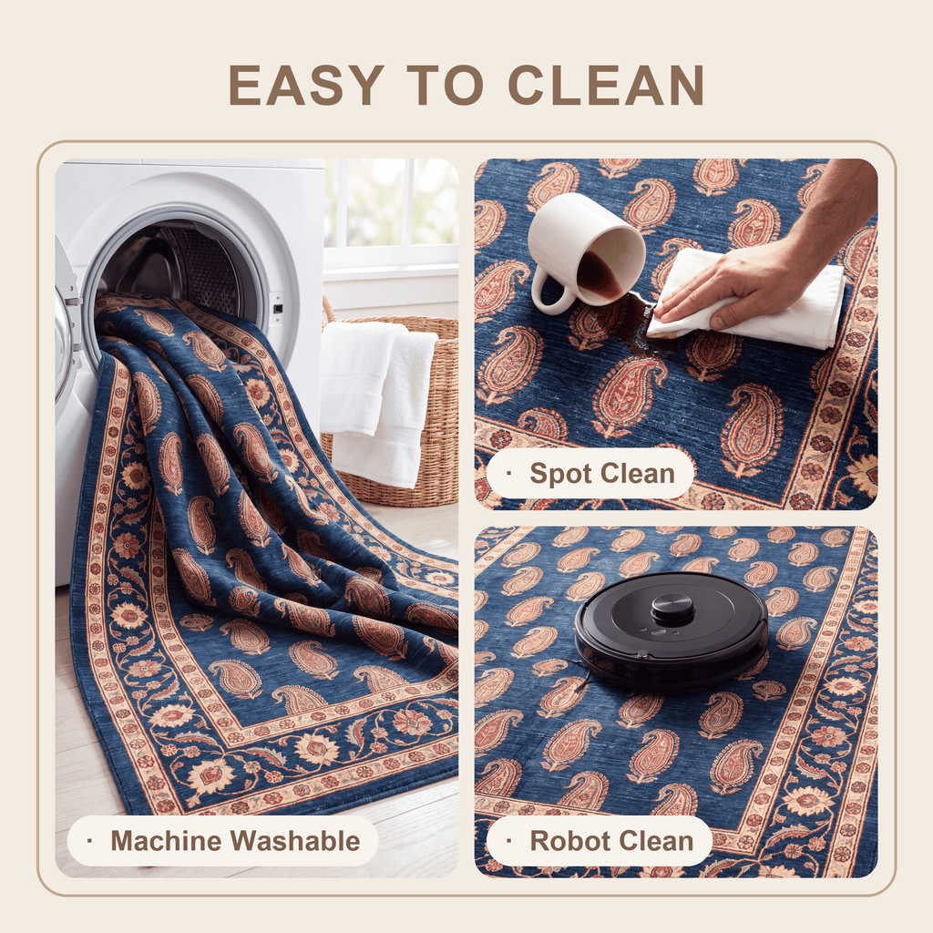Quarry2 Traditional Floral Border Indigo Ivory Red Washable Indoor Outdoor Rug - RugzellaDigital Print RugRugzellaRugzellaBBB438-RECT-24x47-60x120cmRGZLLA99716Rectangle2' x 3'11" (60x120 cm)SHARED | Quarry2 feature clean