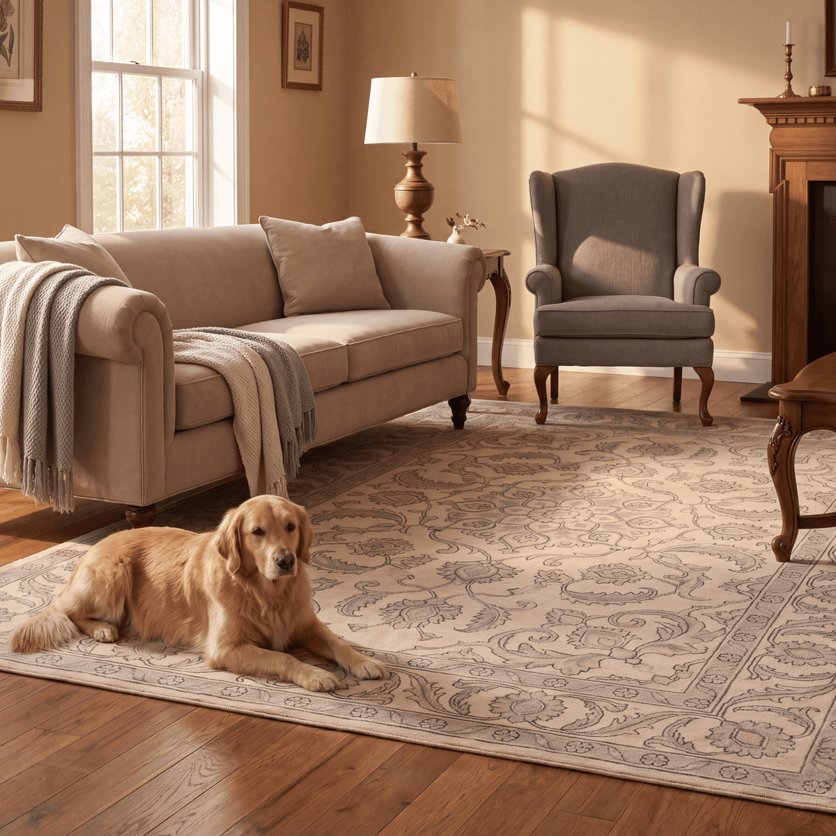 A dog resting on the rug in a living room.