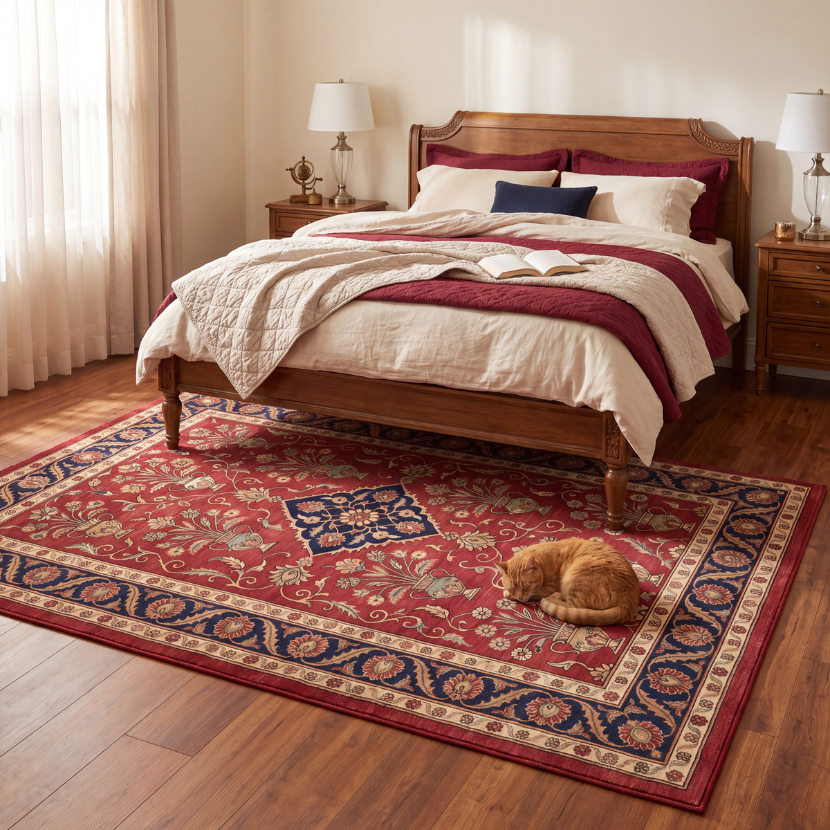 The rug at the foot of a bed with a cat asleep on it.