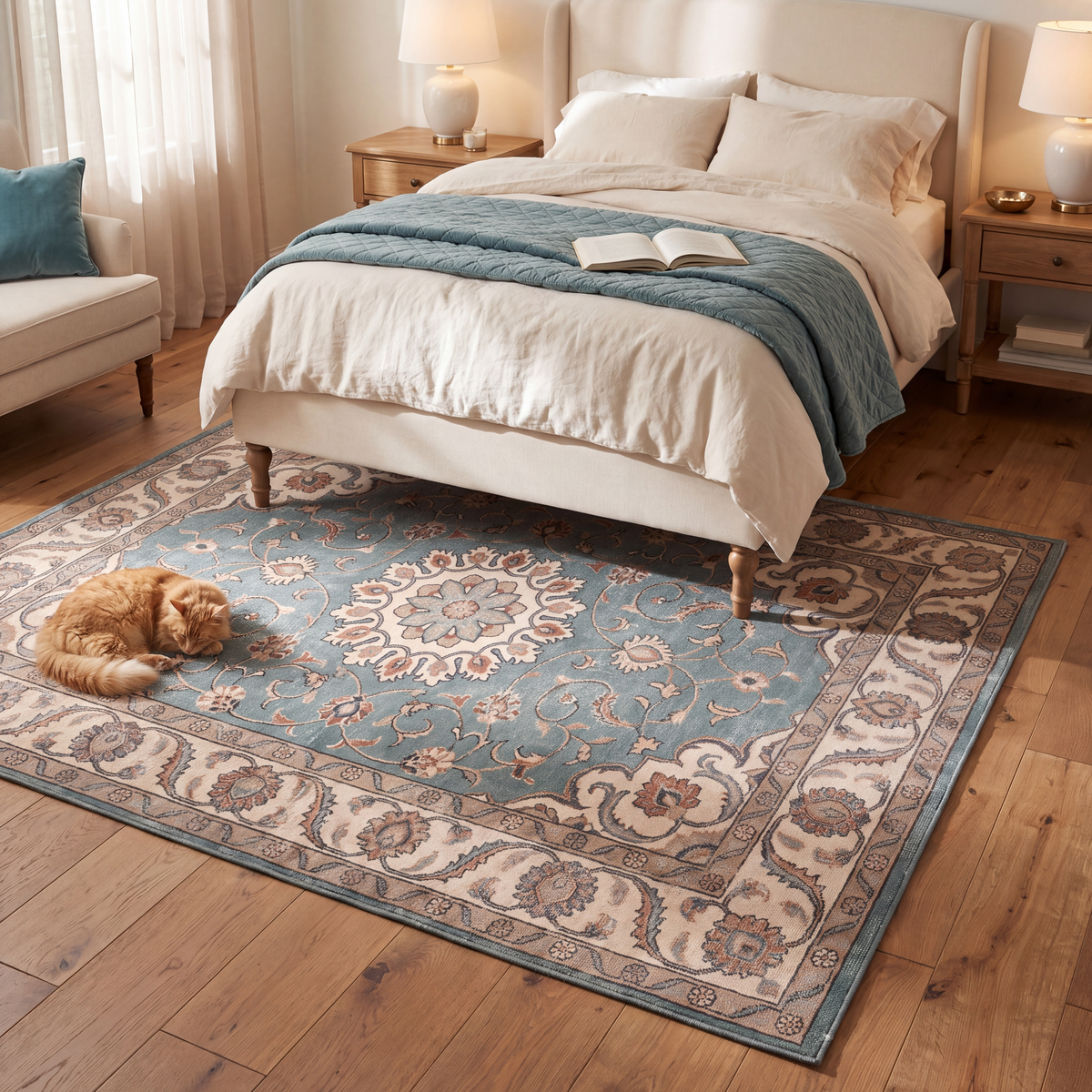 The rug at the foot of a bed with a cat asleep on it.