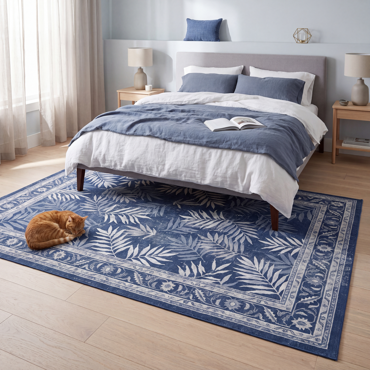 The rug at the foot of a bed with a cat asleep on it.