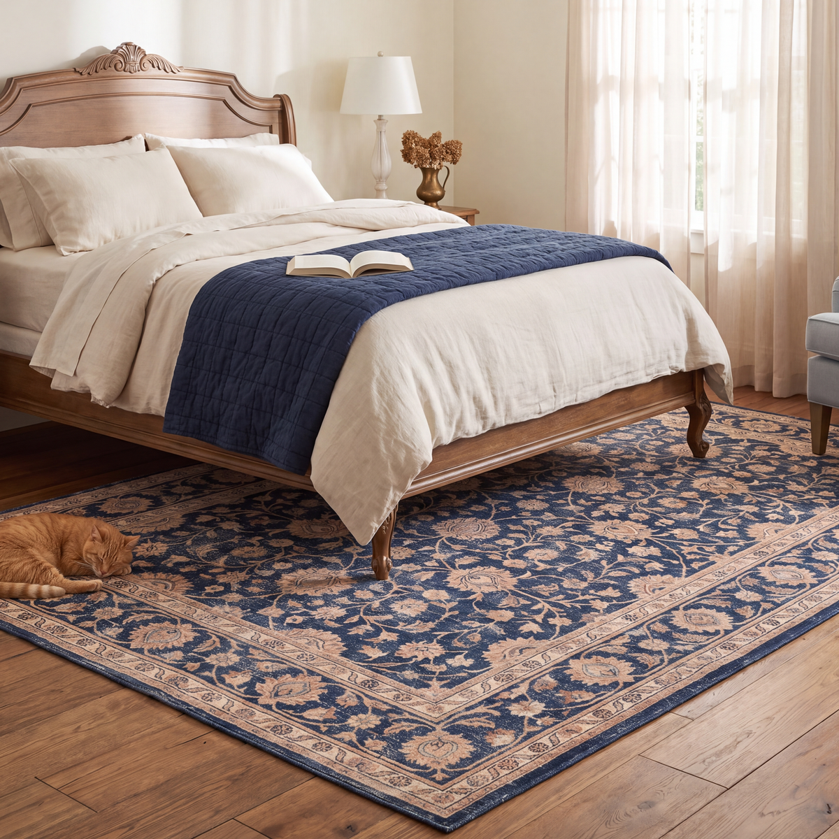 The rug at the foot of a bed with a cat asleep on it.