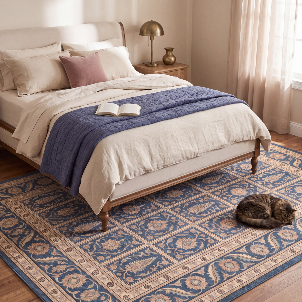 The rug at the foot of a bed with a cat asleep on it.