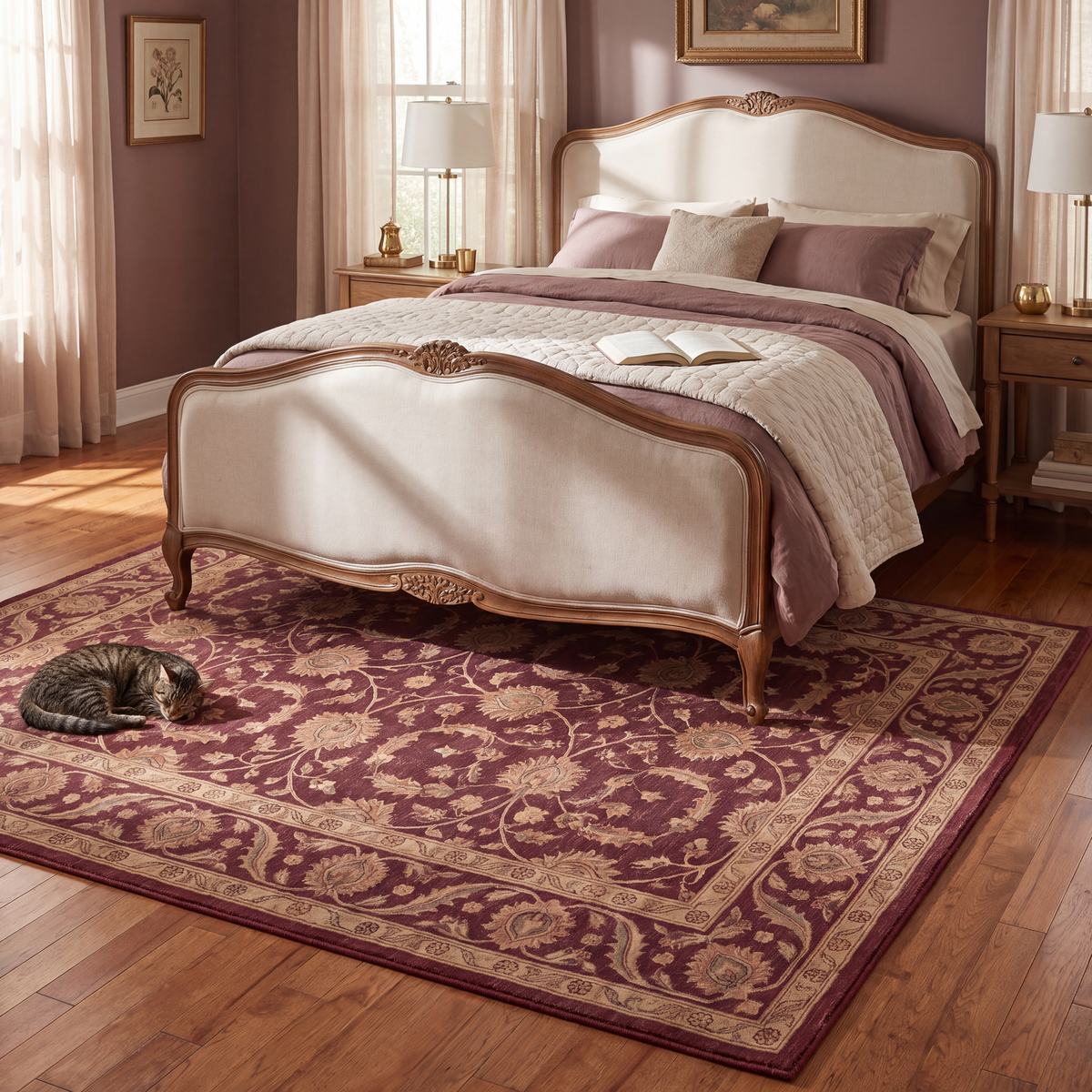 The rug at the foot of a bed with a cat asleep on it.