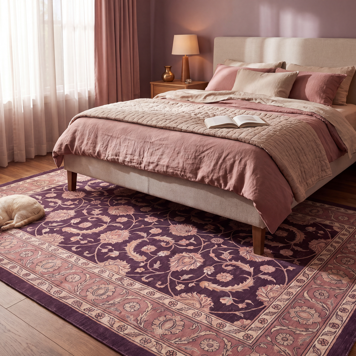 The rug at the foot of a bed with a cat asleep on it.
