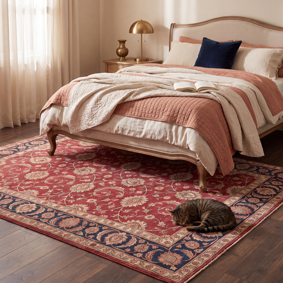 The rug at the foot of a bed with a cat asleep on it.