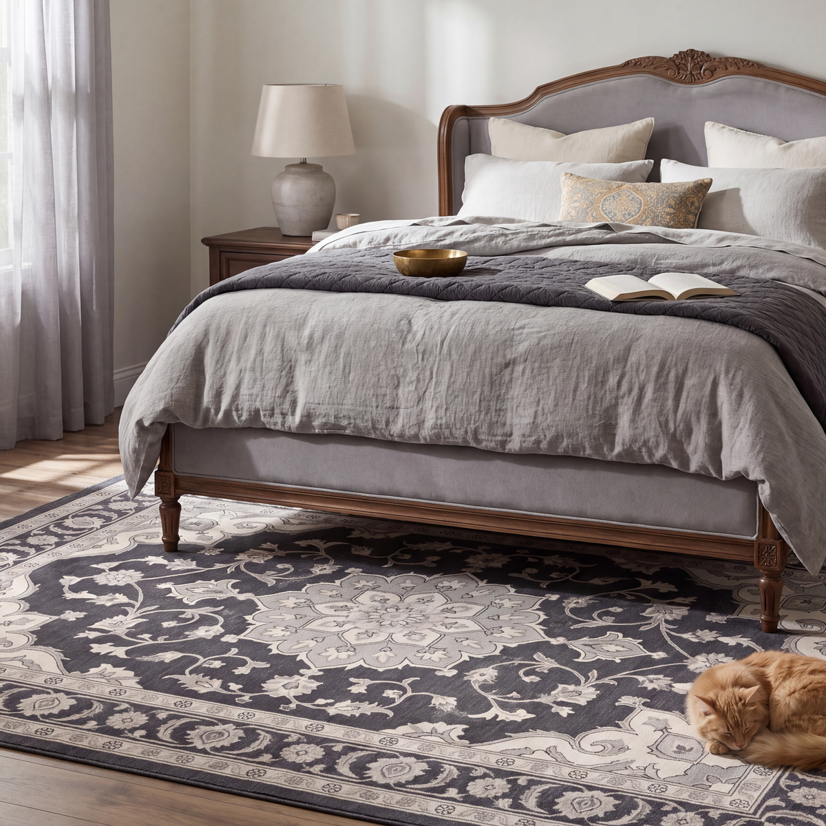 The rug at the foot of a bed with a cat asleep on it.