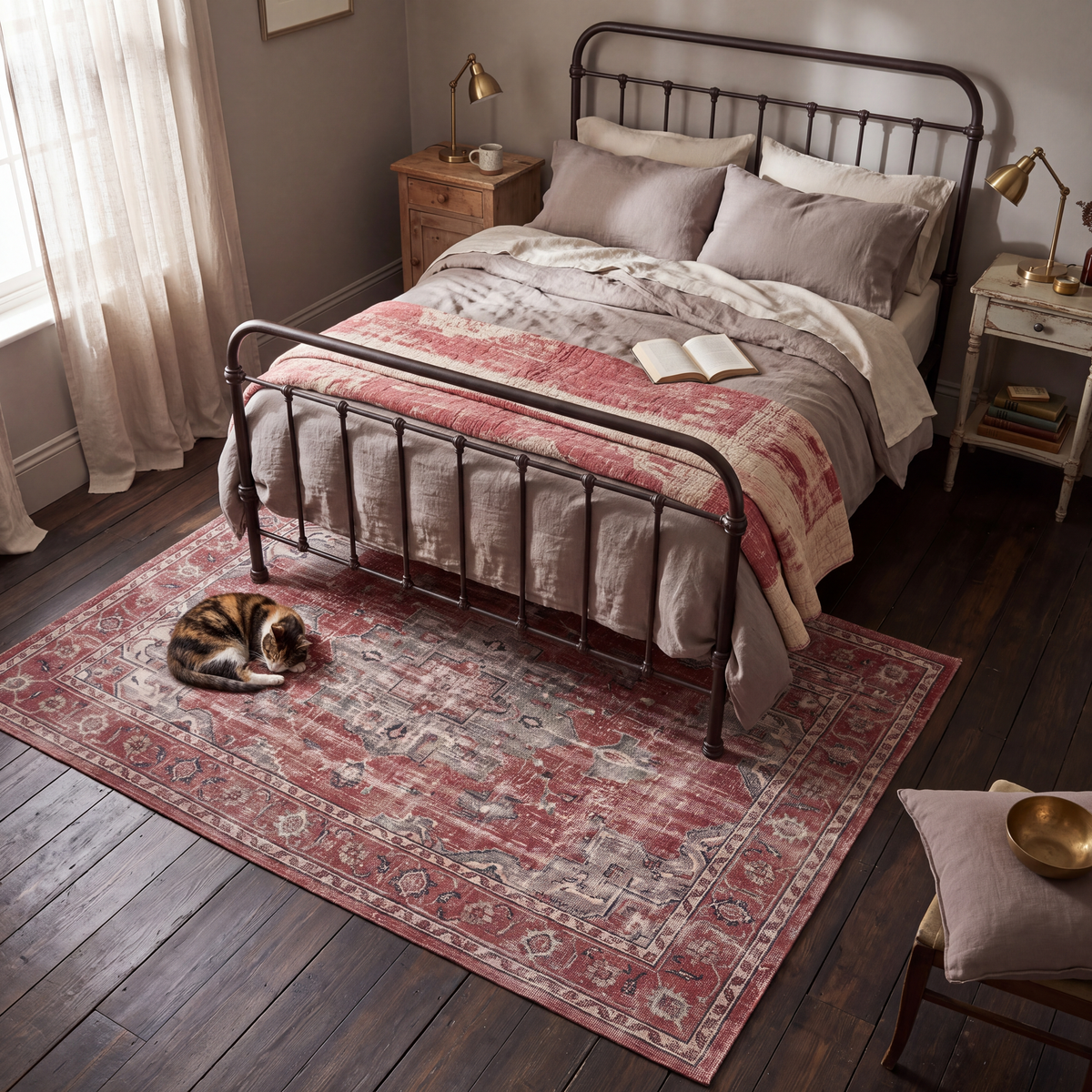 The rug at the foot of a bed with a cat asleep on it.