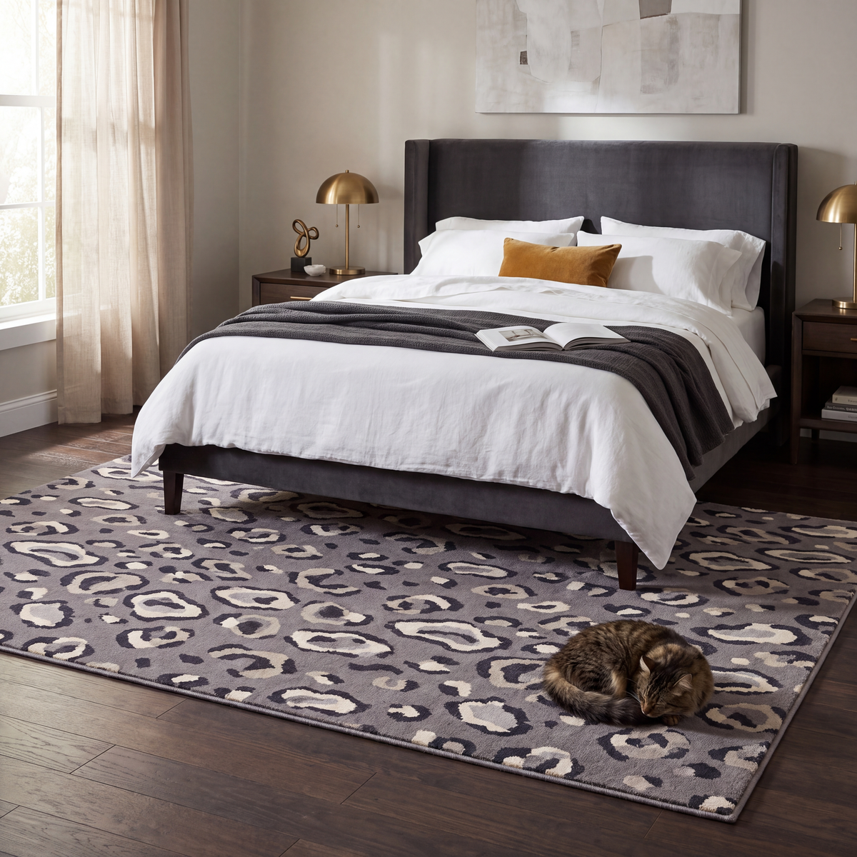 The rug at the foot of a bed with a cat asleep on it.