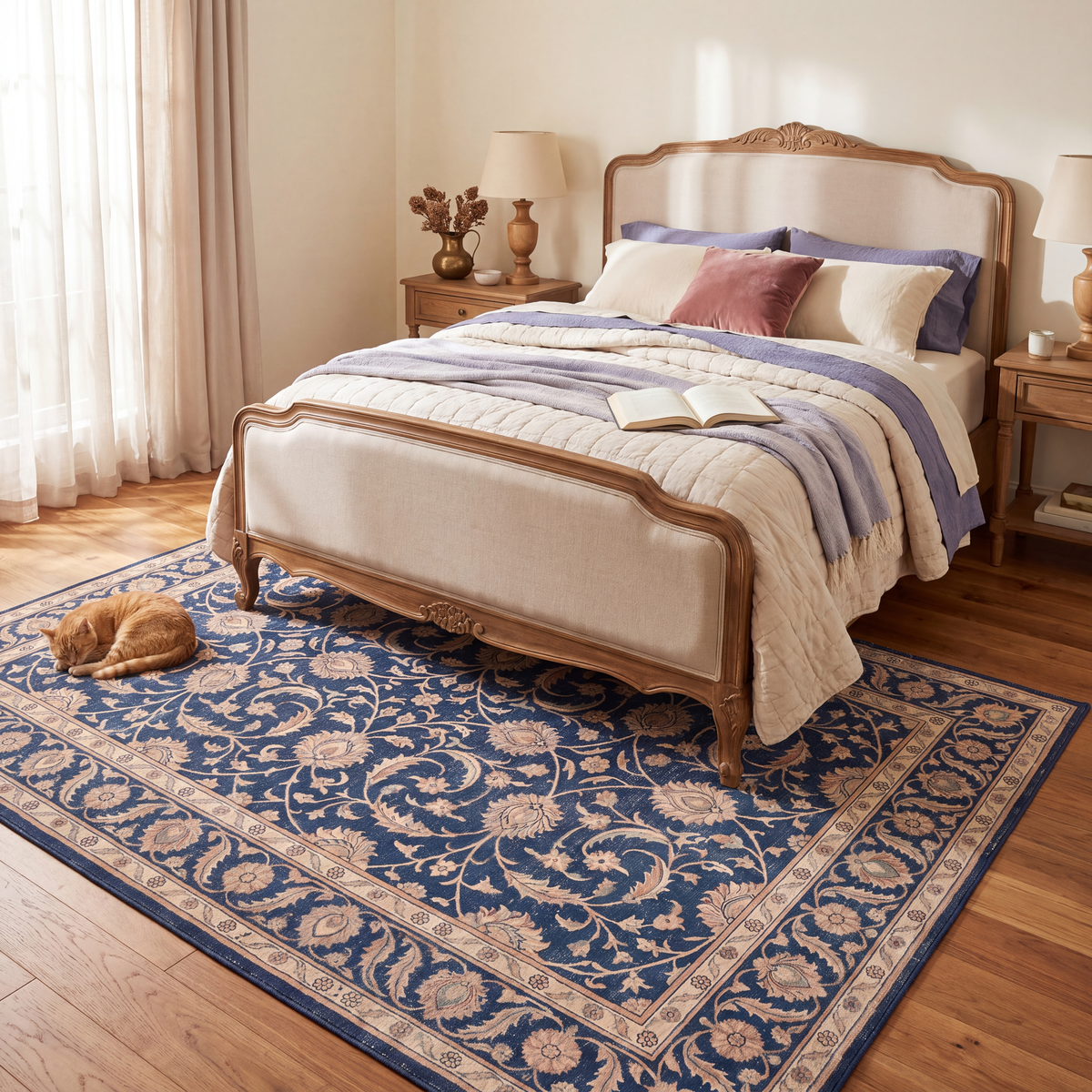 The rug at the foot of a bed with a cat asleep on it.