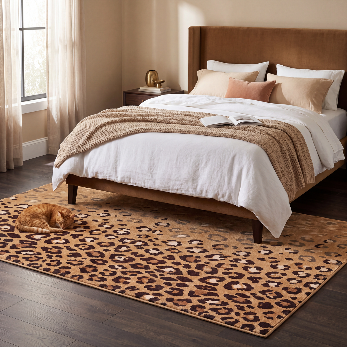 The rug at the foot of a bed with a cat asleep on it.