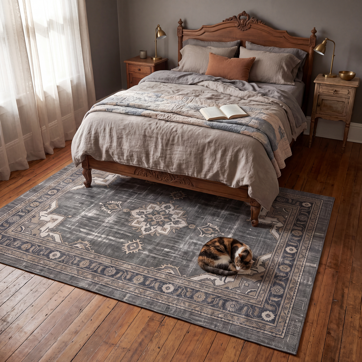 The rug at the foot of a bed with a cat asleep on it.