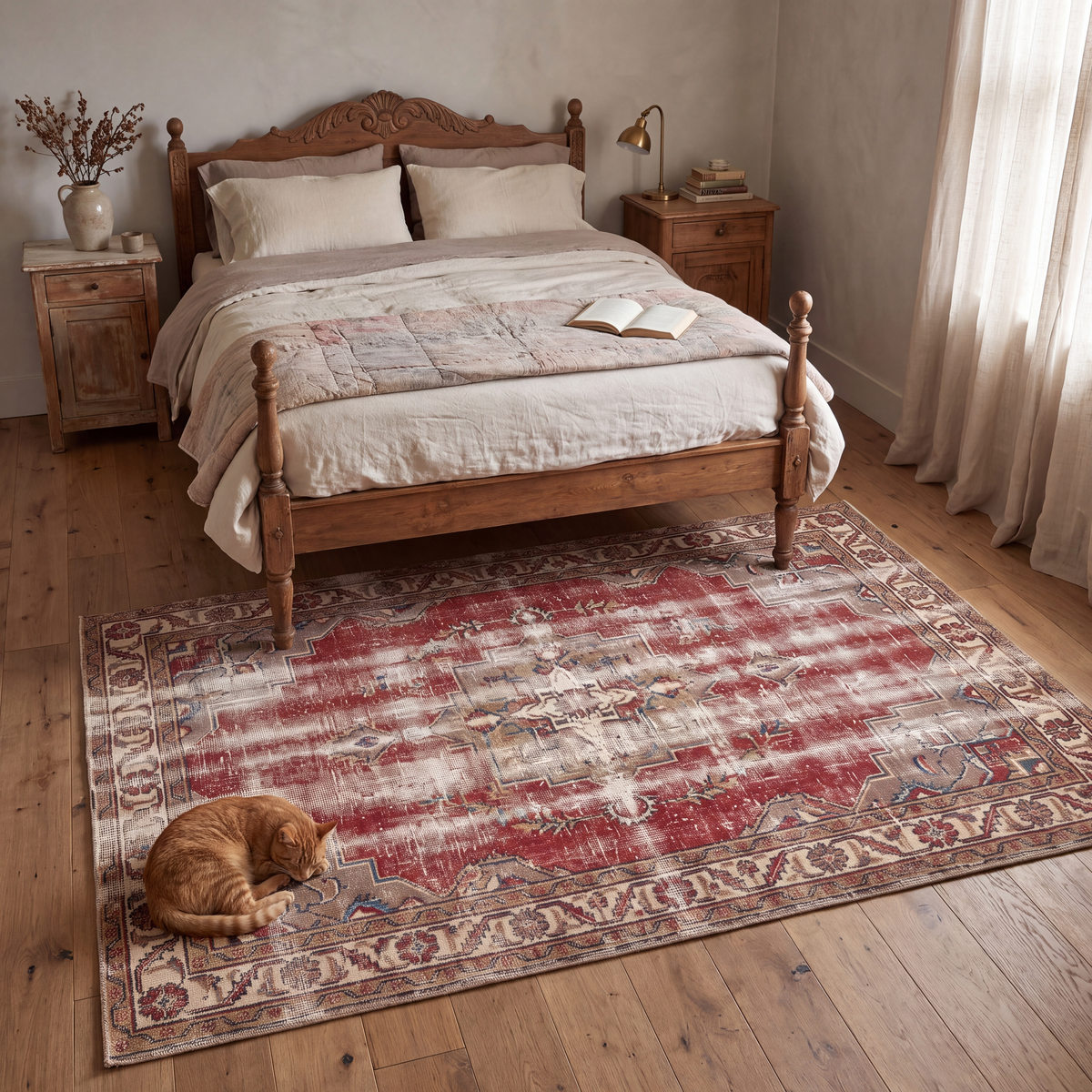 The rug at the foot of a bed with a cat asleep on it.