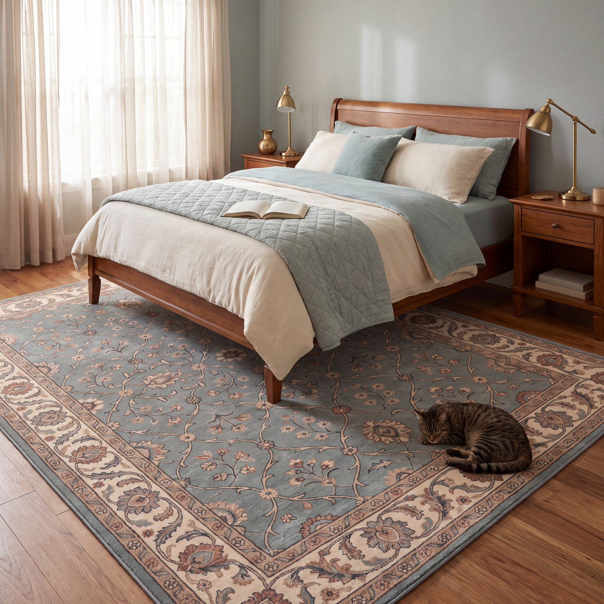 The rug at the foot of a bed with a cat asleep on it.