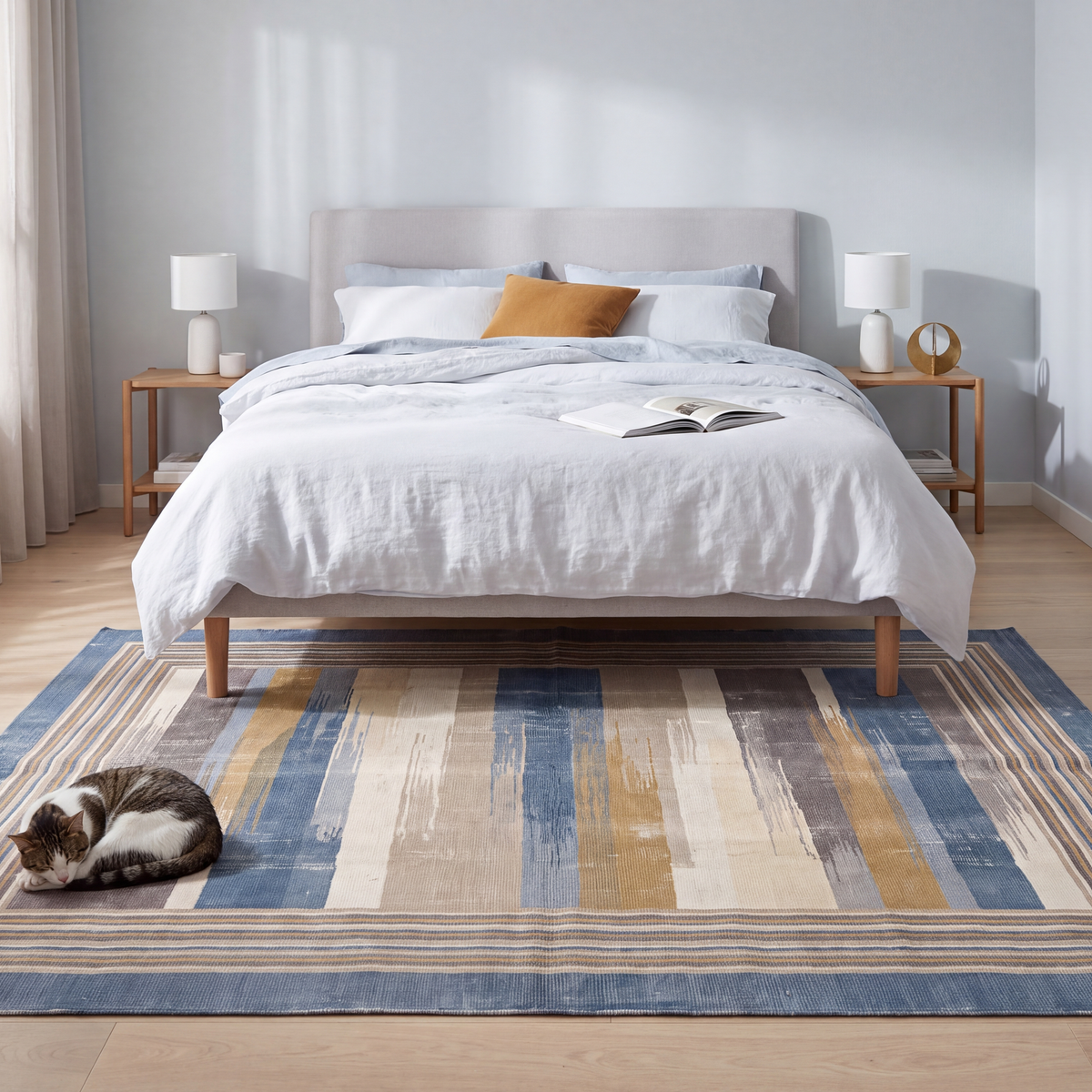 The rug at the foot of a bed with a cat asleep on it.