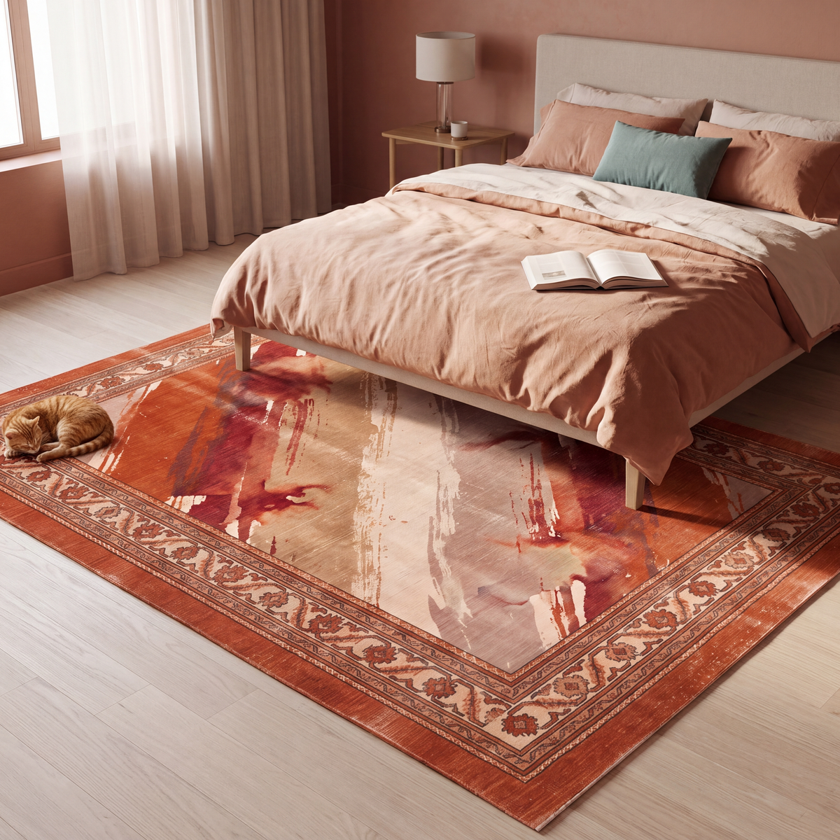 The rug at the foot of a bed with a cat asleep on it.