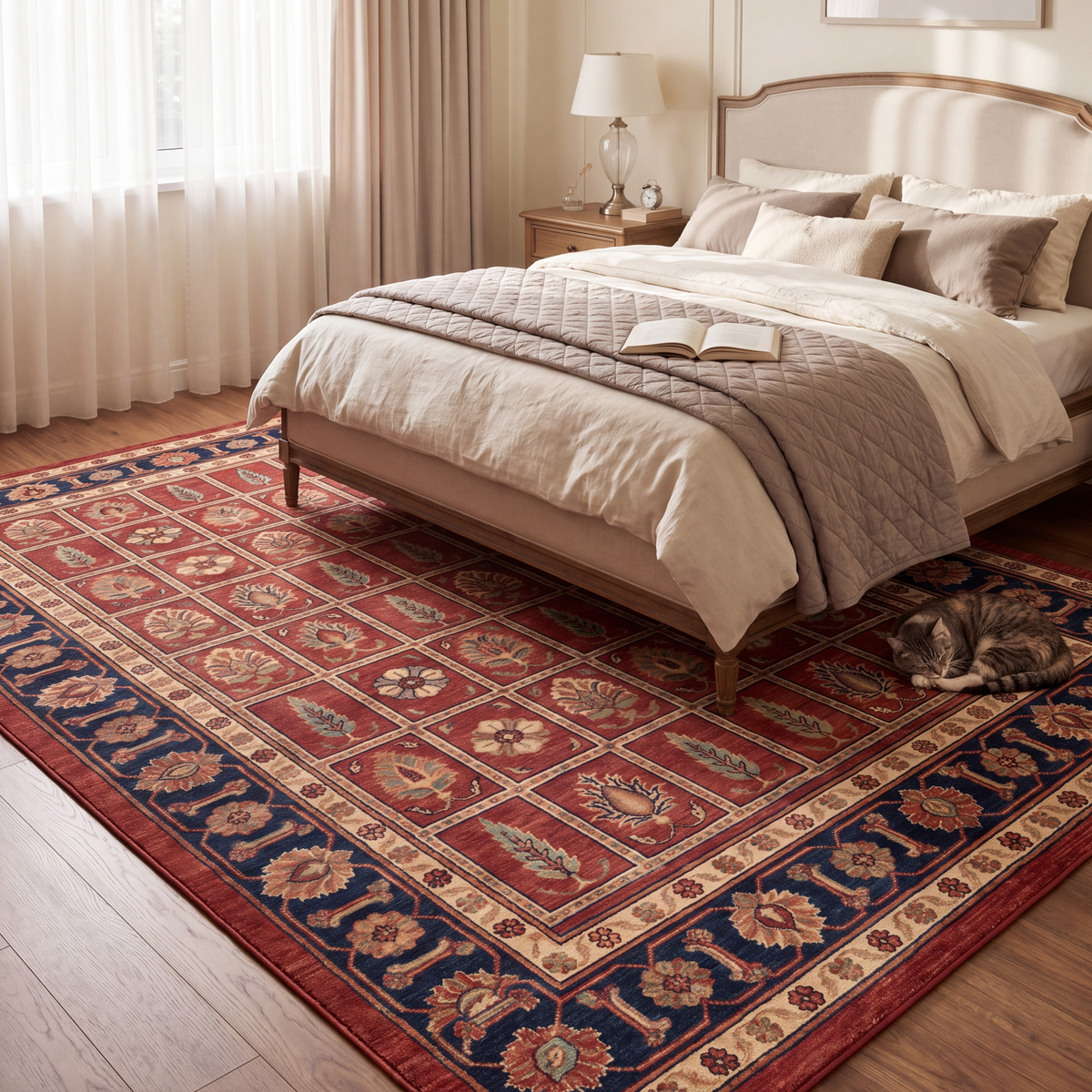 The rug at the foot of a bed with a cat asleep on it.