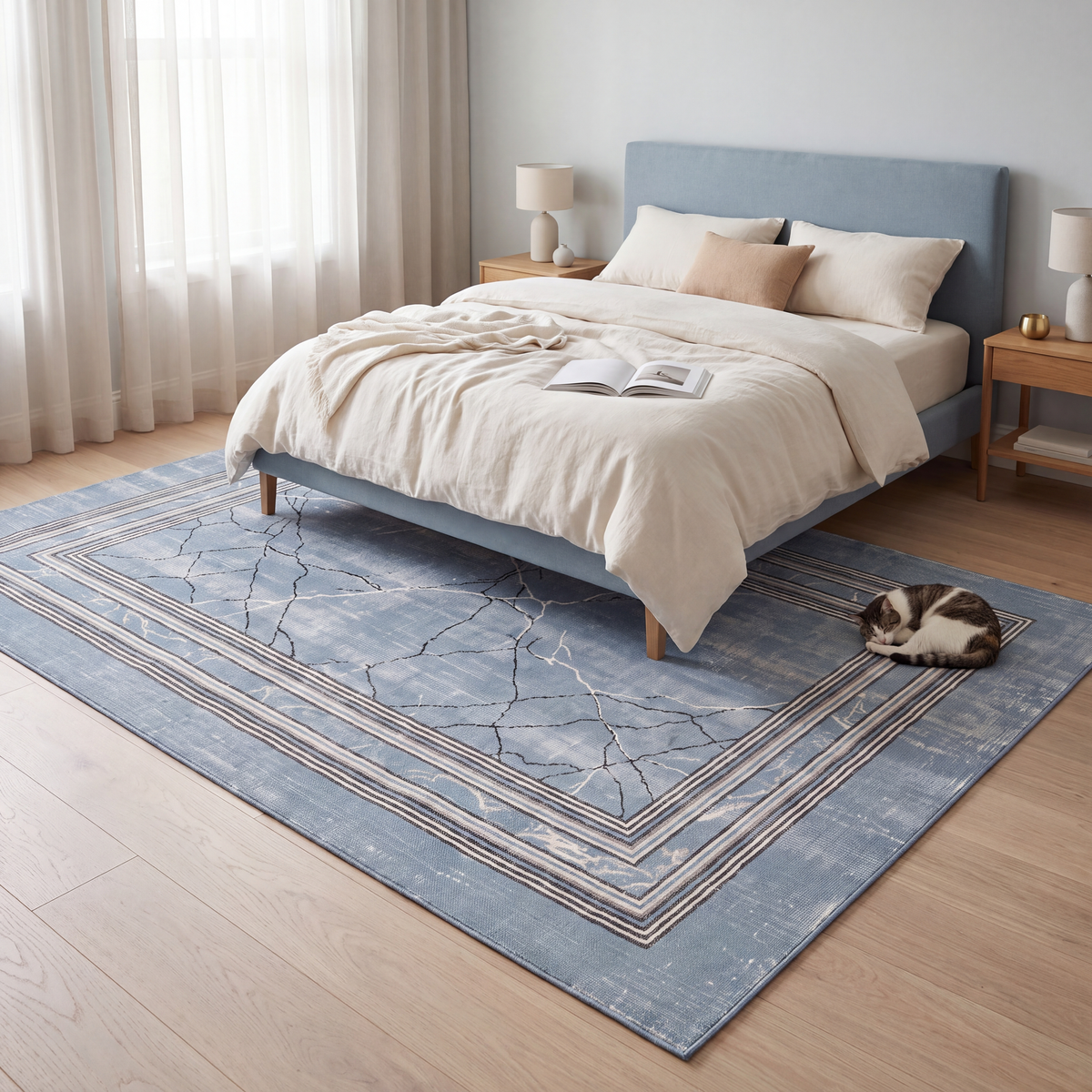 The rug at the foot of a bed with a cat asleep on it.