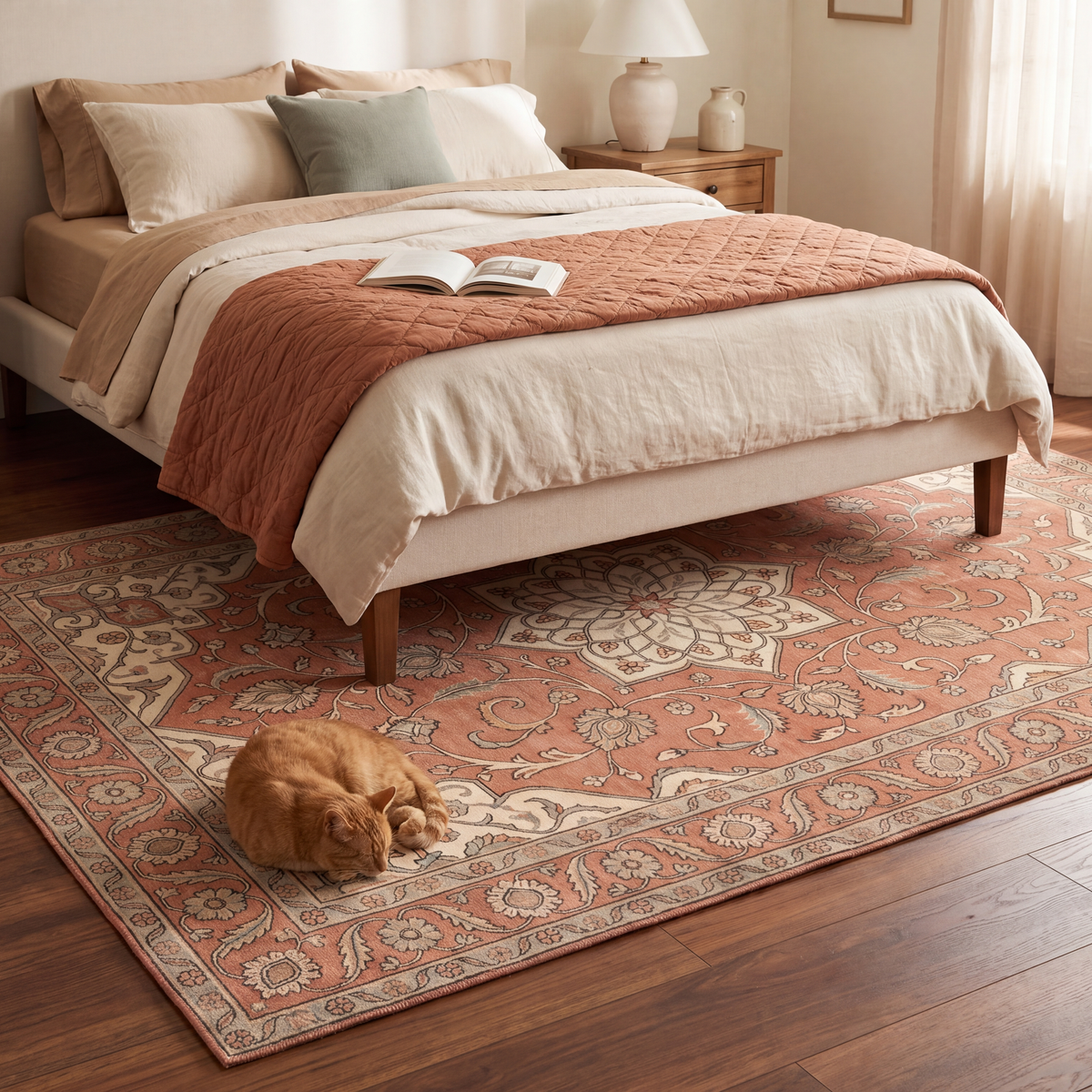 The rug at the foot of a bed with a cat asleep on it.