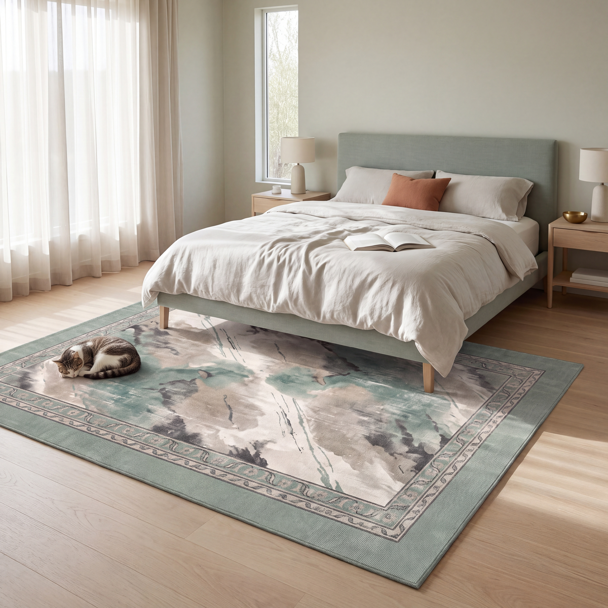 The rug at the foot of a bed with a cat asleep on it.