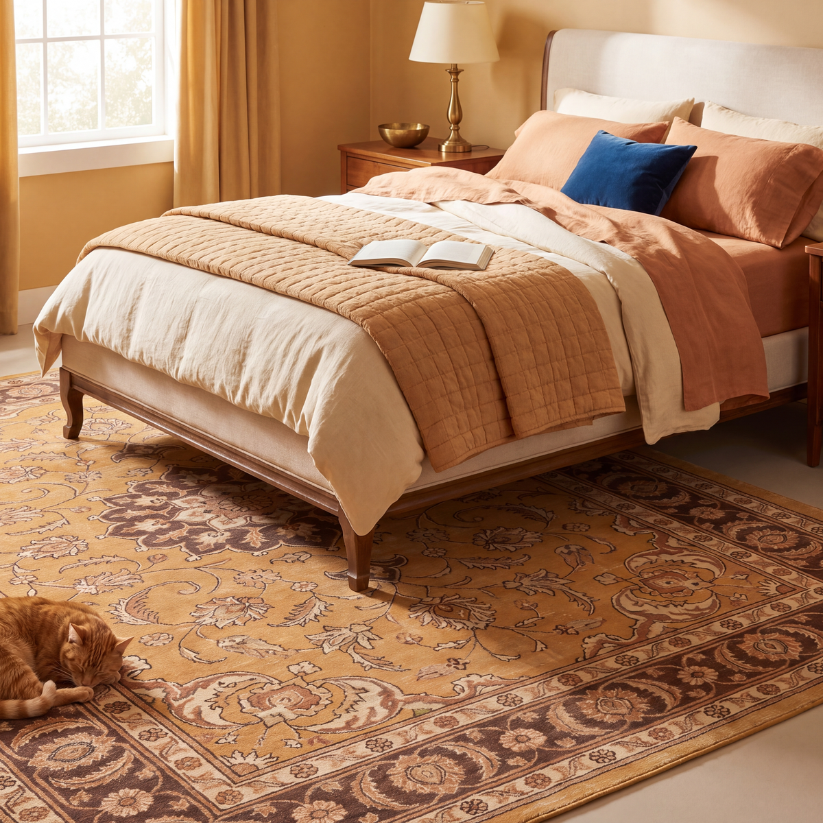 The rug at the foot of a bed with a cat asleep on it.