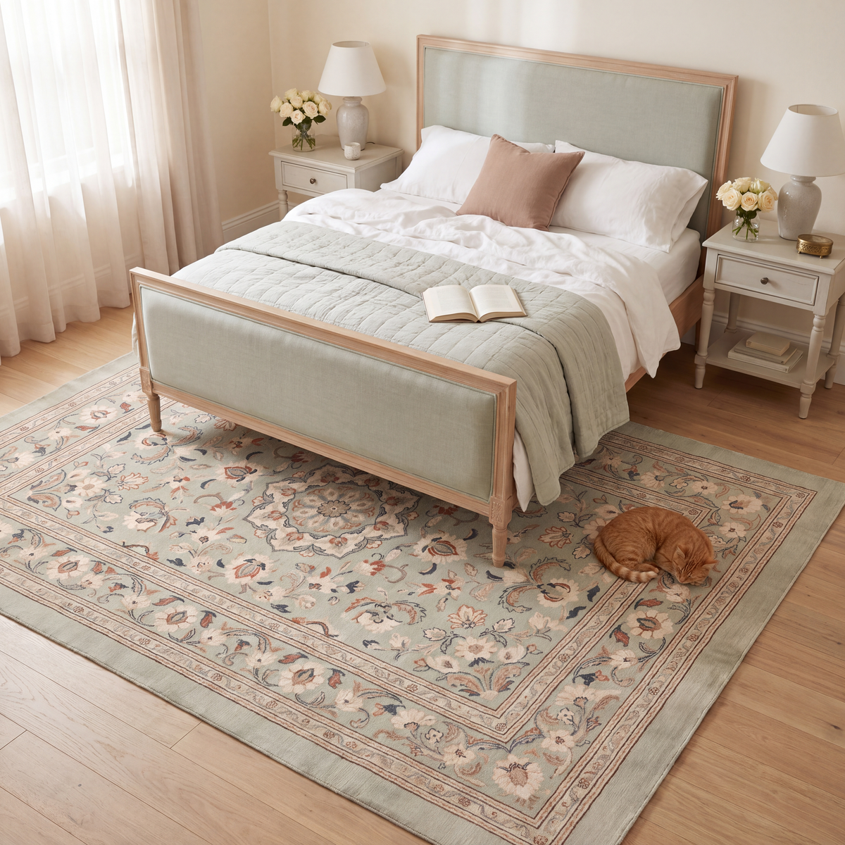 The rug at the foot of a bed with a cat asleep on it.