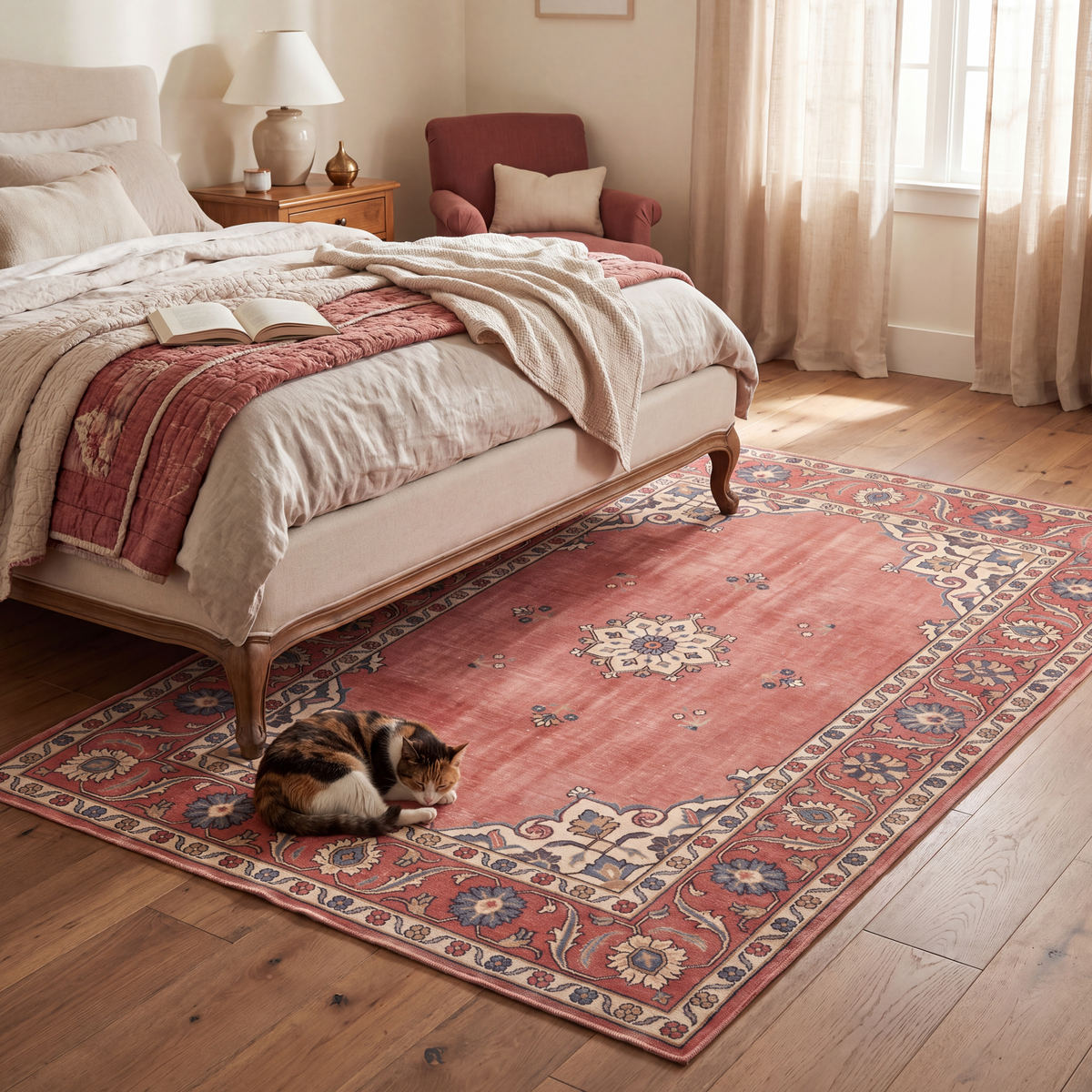 The rug at the foot of a bed with a cat asleep on it.