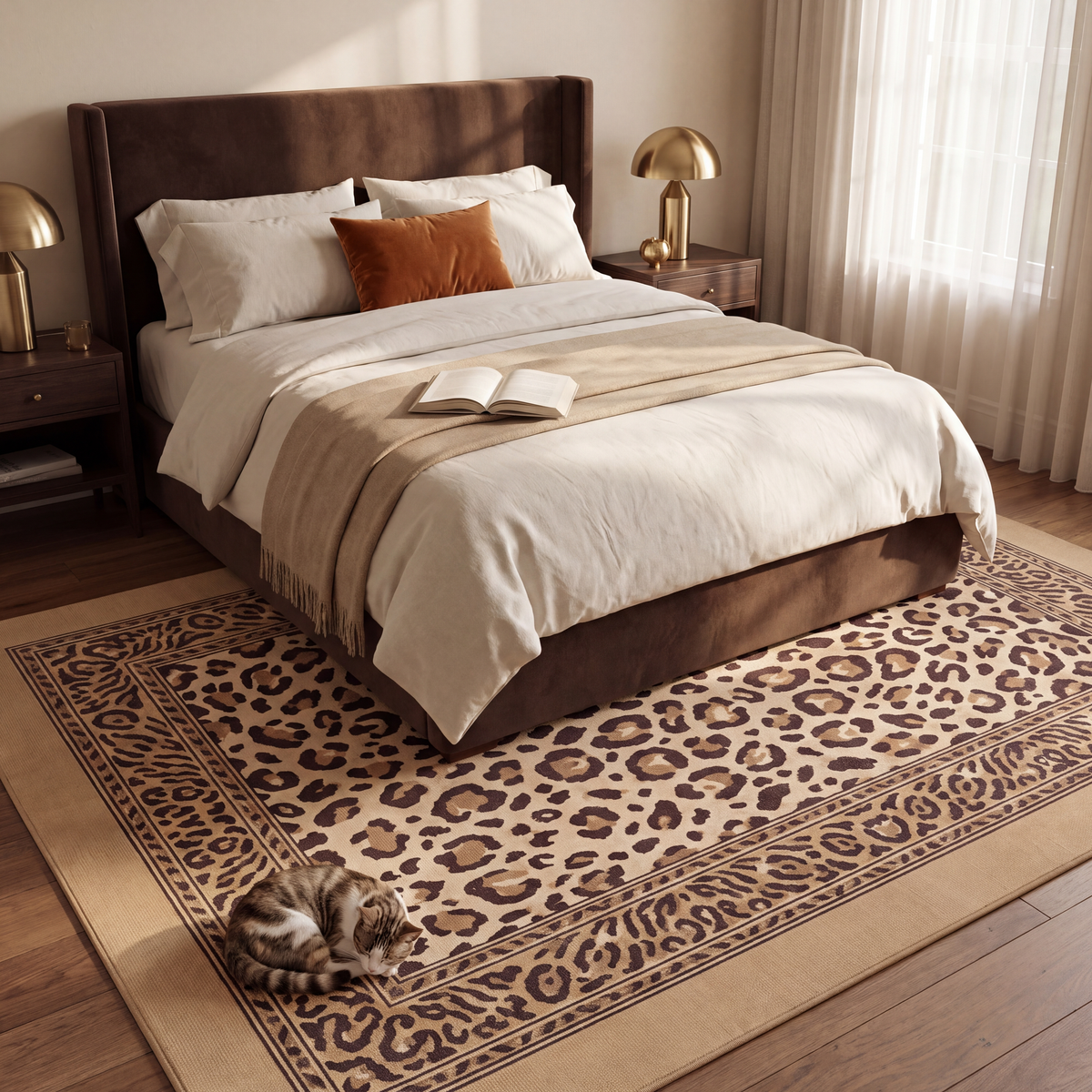 The rug at the foot of a bed with a cat asleep on it.