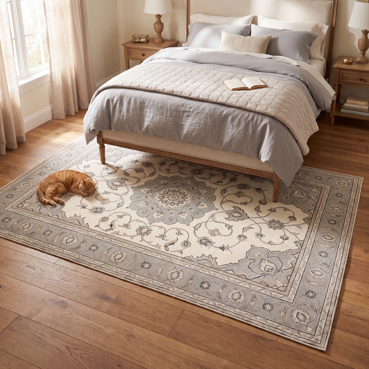 The rug at the foot of a bed with a cat asleep on it.