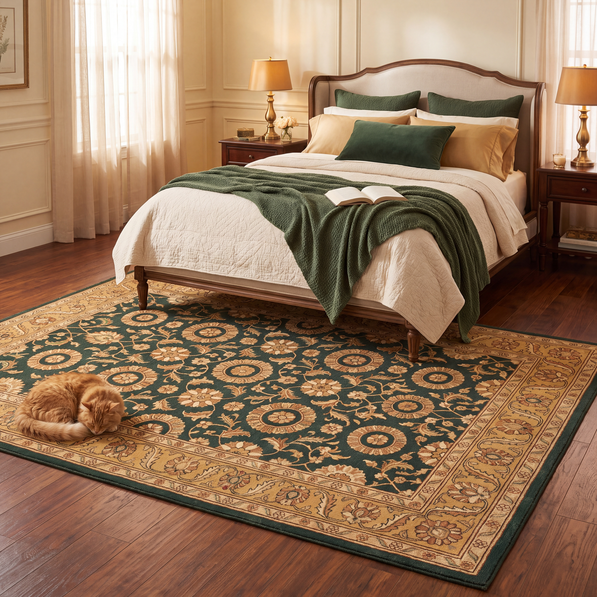 The rug at the foot of a bed with a cat asleep on it.