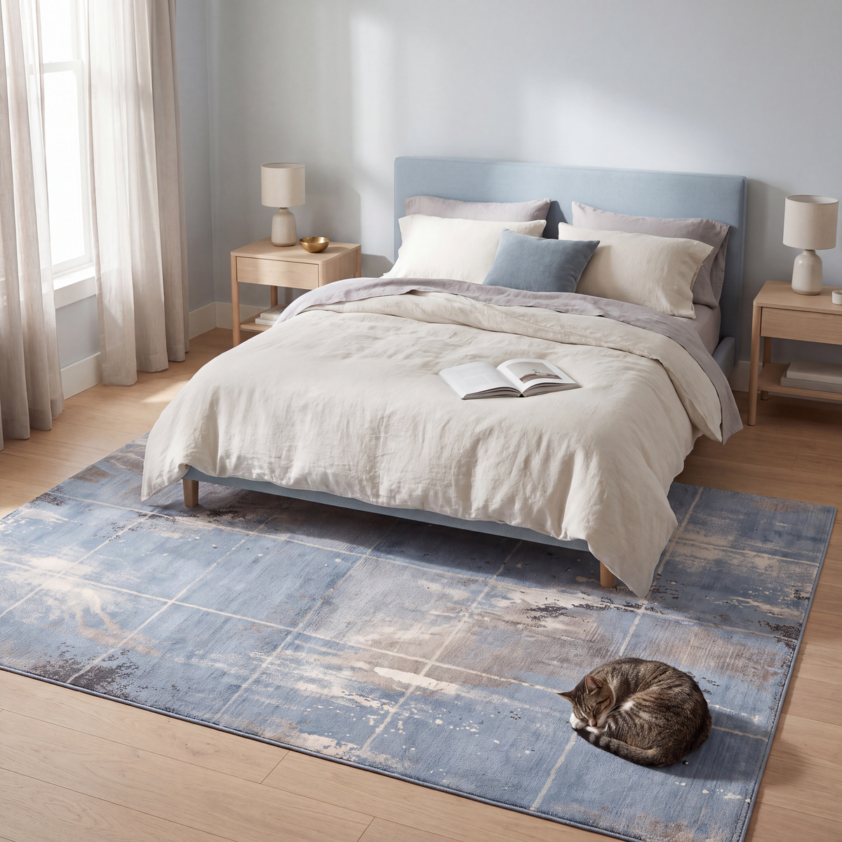 The rug at the foot of a bed with a cat asleep on it.