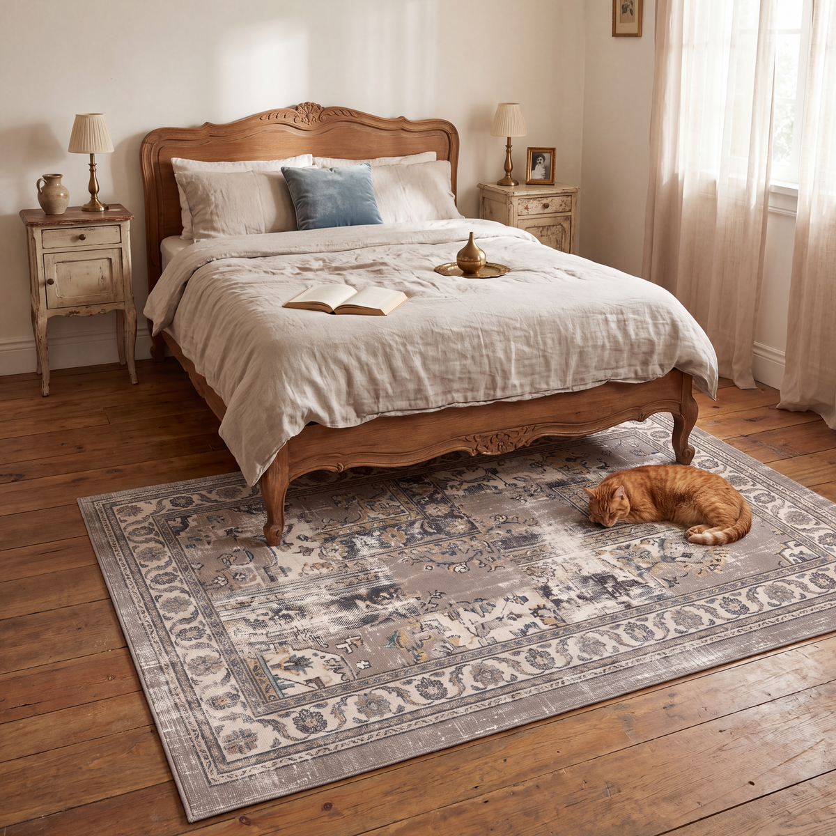 The rug at the foot of a bed with a cat asleep on it.