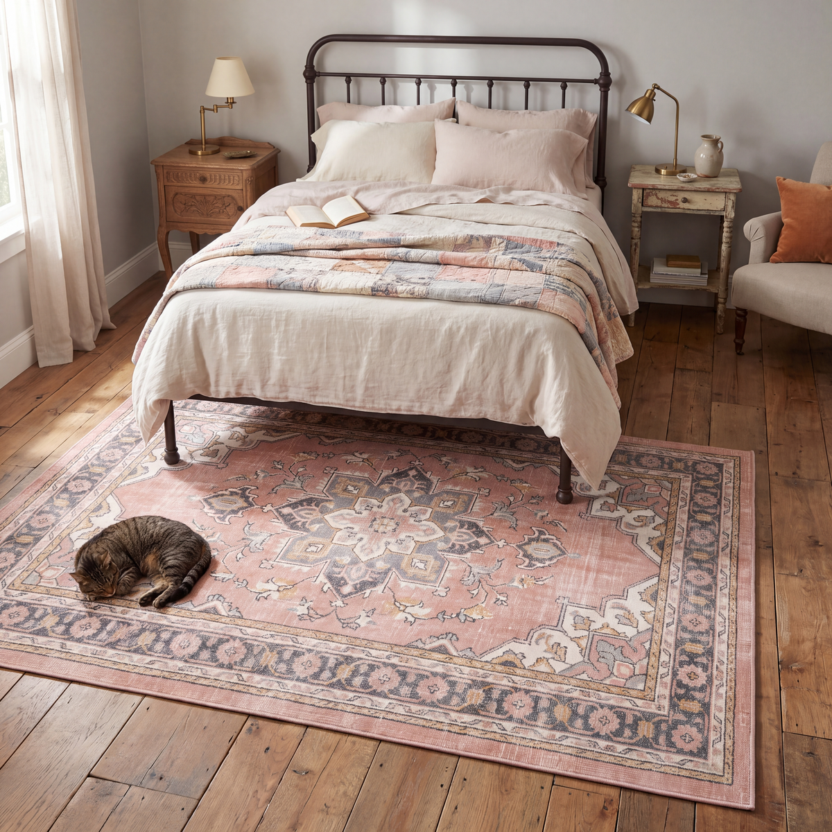 The rug at the foot of a bed with a cat asleep on it.