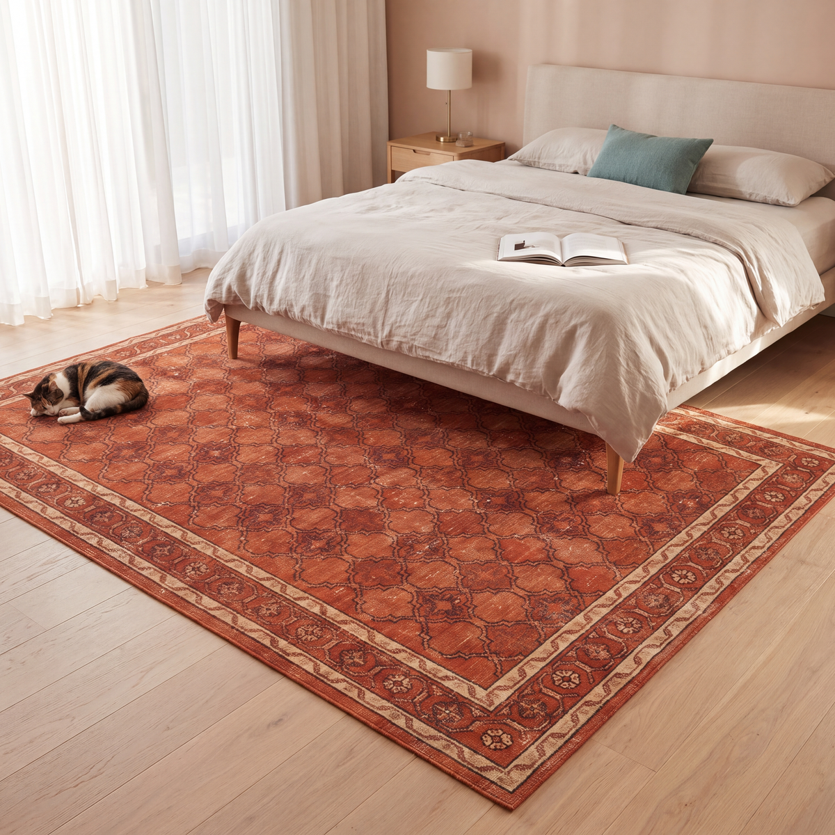 The rug at the foot of a bed with a cat asleep on it.