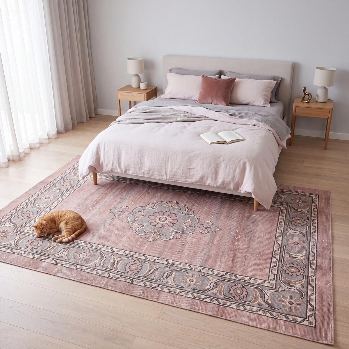 The rug at the foot of a bed with a cat asleep on it.