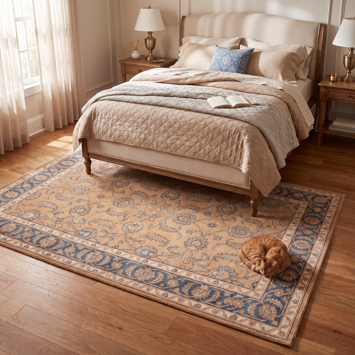 The rug at the foot of a bed with a cat asleep on it.