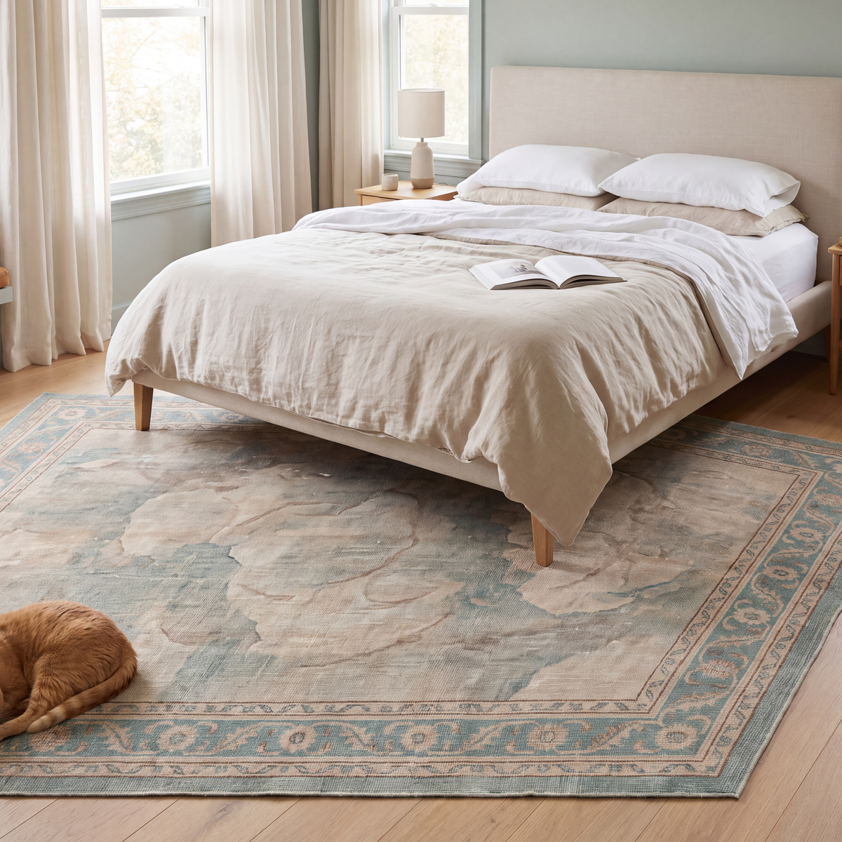 The rug at the foot of a bed with a cat asleep on it.
