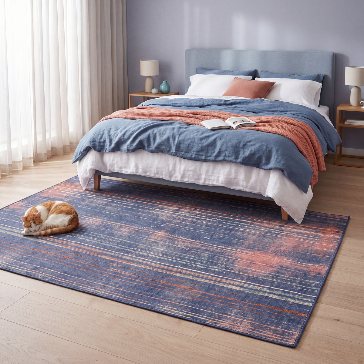 The rug at the foot of a bed with a cat asleep on it.