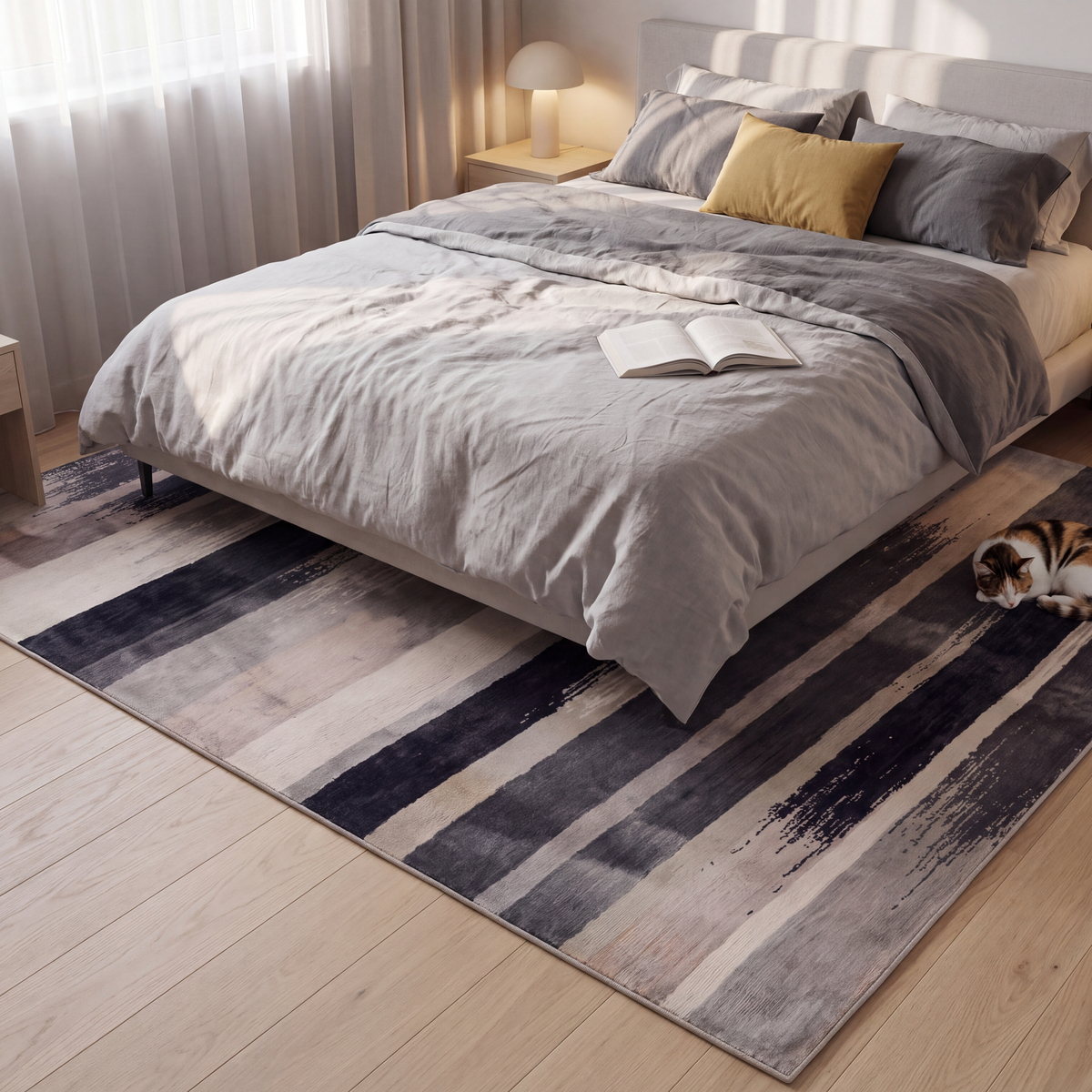 The rug at the foot of a bed with a cat asleep on it.