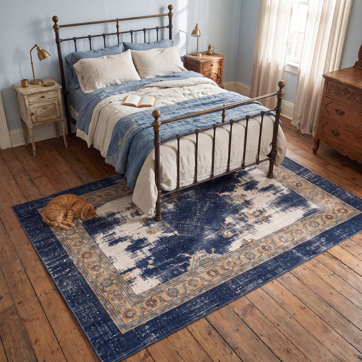 The rug at the foot of a bed with a cat asleep on it.