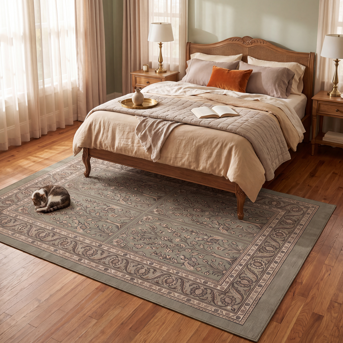 The rug at the foot of a bed with a cat asleep on it.
