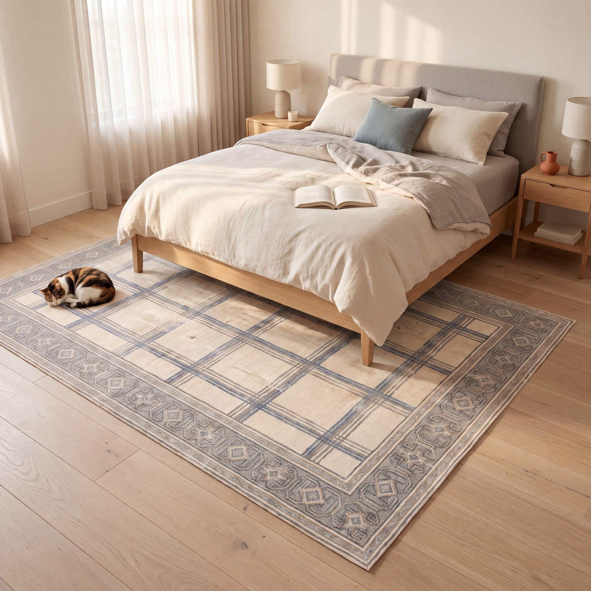The rug at the foot of a bed with a cat asleep on it.