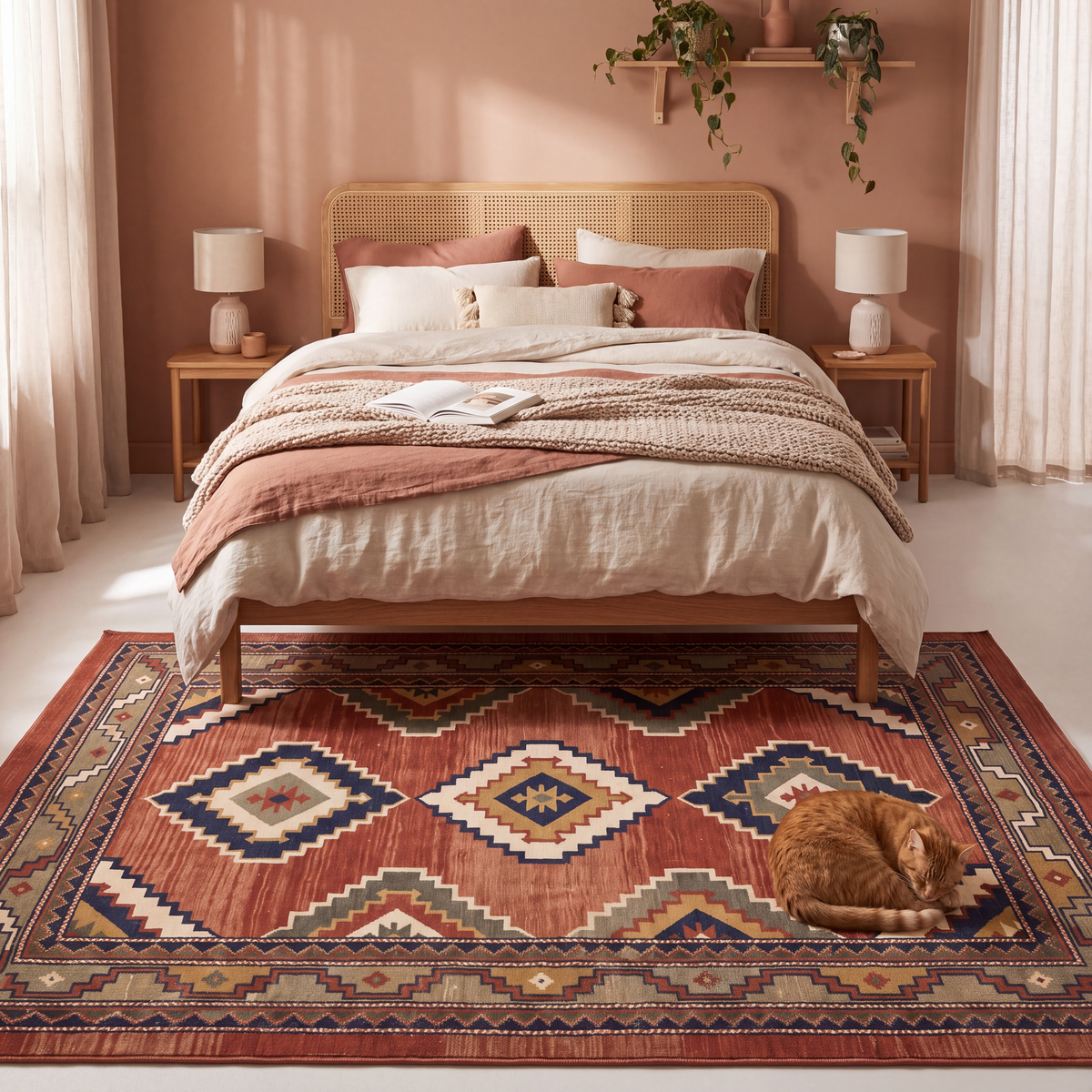 The rug at the foot of a bed with a cat asleep on it.